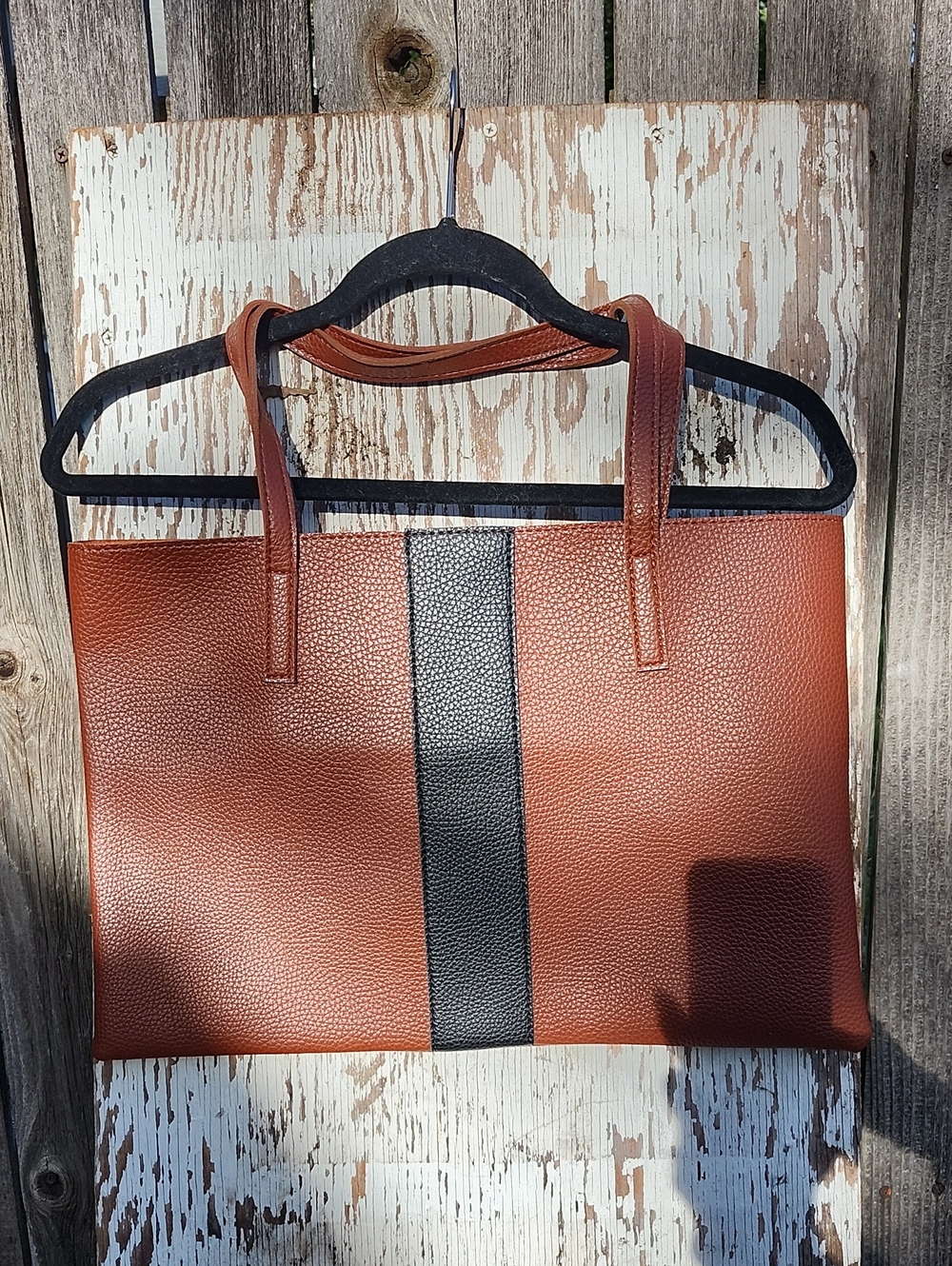 Brown Vegan Leather Tote with Black Center Stripe - Men’s Carryall